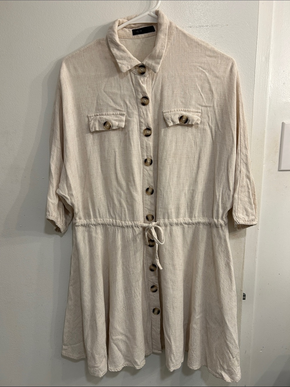 SHEIN Cream Button-Front Midi Shirt Dress with Drawstring